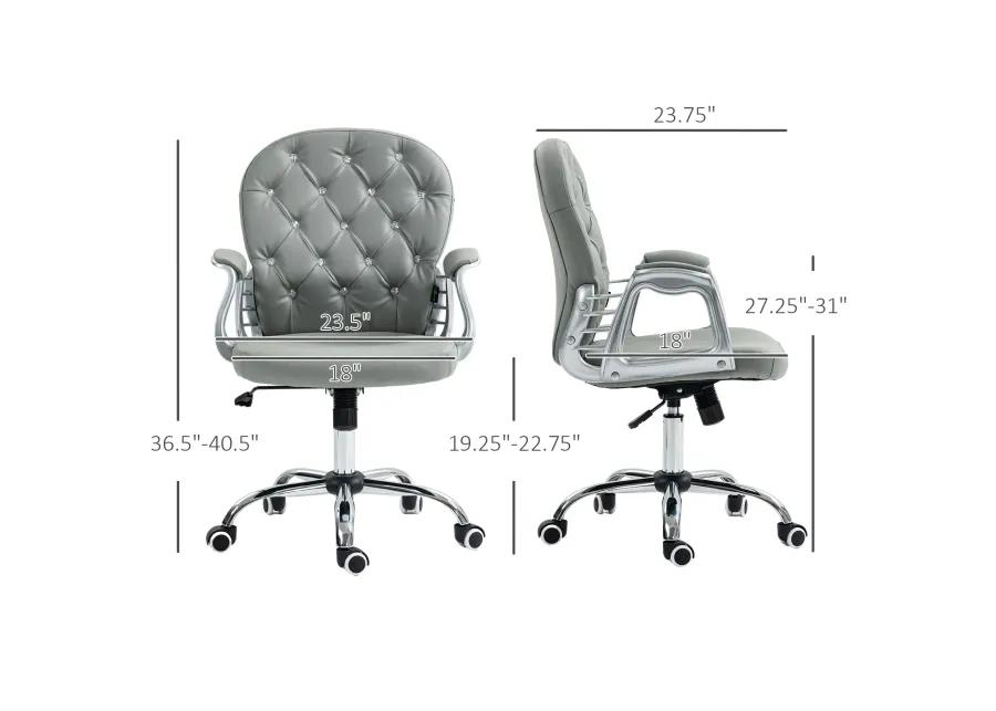 Gray PU Leather Desk Chair: Tufted, Padded Arms, Adjustable