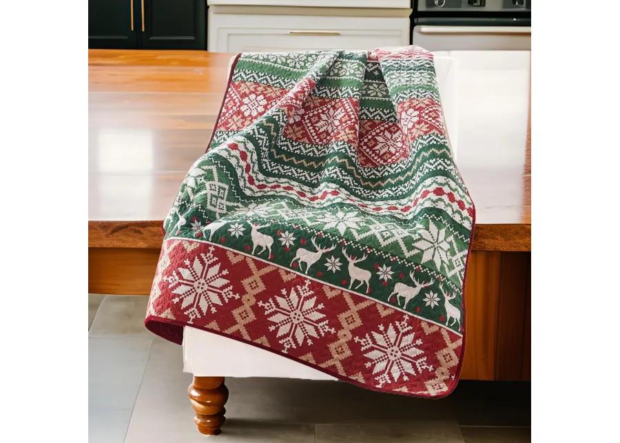 Live 50 x 60 Quilted Throw Blanket, Dutch Velvet, Winter Print, Green, Red - Benzara