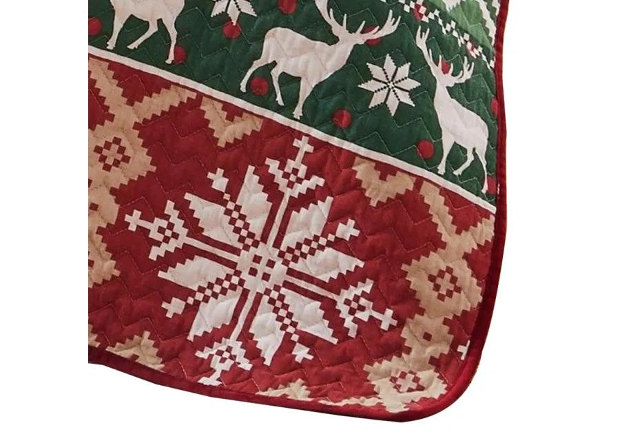 Live 50 x 60 Quilted Throw Blanket, Dutch Velvet, Winter Print, Green, Red - Benzara