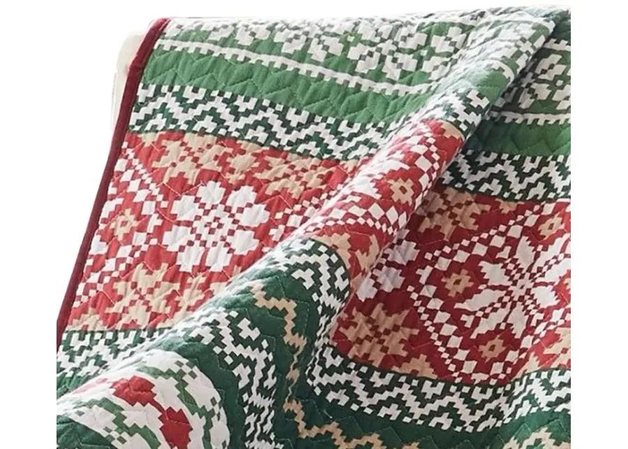 Live 50 x 60 Quilted Throw Blanket, Dutch Velvet, Winter Print, Green, Red - Benzara