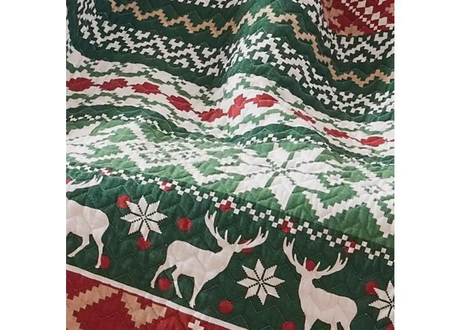 Live 50 x 60 Quilted Throw Blanket, Dutch Velvet, Winter Print, Green, Red - Benzara