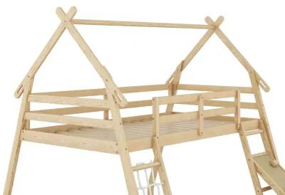 Twin Over Queen House Bunk Bed With Climbing Nets And Climbing Ramp, Natural