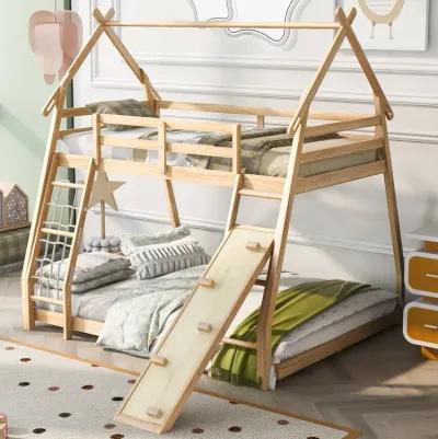 Twin Over Queen House Bunk Bed With Climbing Nets And Climbing Ramp, Natural