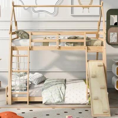 Twin Over Queen House Bunk Bed With Climbing Nets And Climbing Ramp, Natural