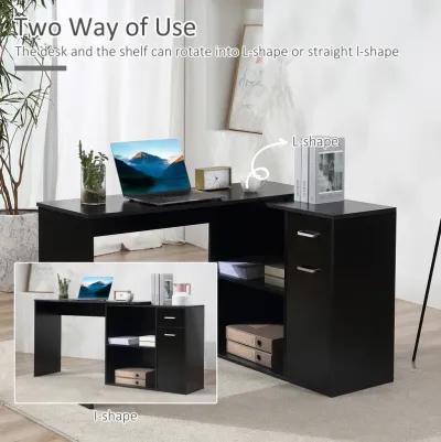 Rotating Home Office L-Shaped Corner Desk w/ Storage Drawer Computer Table Black