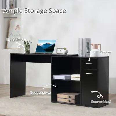 Rotating Home Office L-Shaped Corner Desk w/ Storage Drawer Computer Table Black