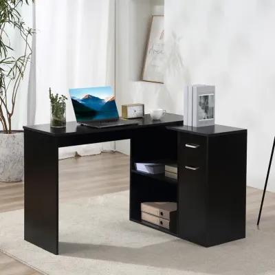 Rotating Home Office L-Shaped Corner Desk w/ Storage Drawer Computer Table Black