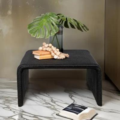 Gigi 36 Inch Coffee Table, Black Woven Rattan, Square Waterfall Edges - Benzara