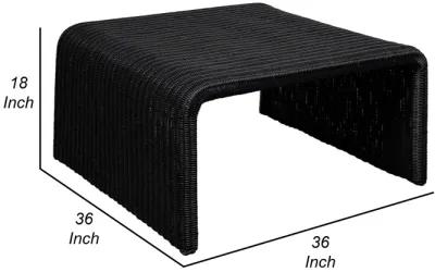 Gigi 36 Inch Coffee Table, Black Woven Rattan, Square Waterfall Edges - Benzara