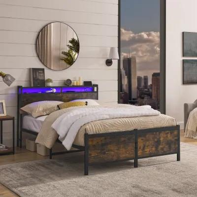 Black Iron Frame Platform Bed with a USB Charging Port