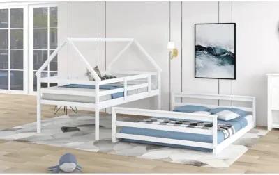 Twin Over Full House Bunk Bed with Built-in Ladder