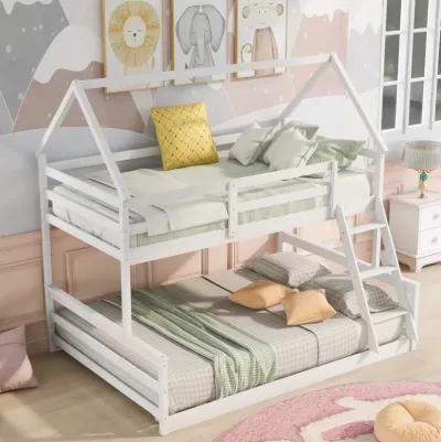 Twin Over Full House Bunk Bed with Built-in Ladder