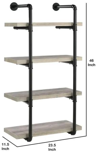 24 Inches 4 Tier Wood and Metal Wall Shelf, Gray and Black-Benzara