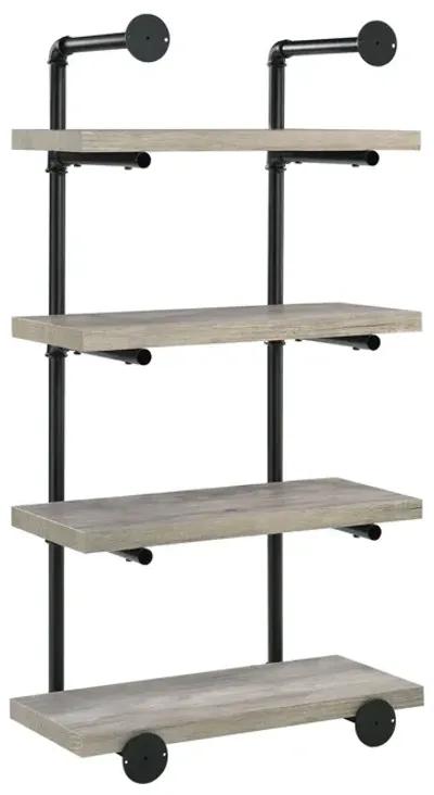 24 Inches 4 Tier Wood and Metal Wall Shelf, Gray and Black-Benzara