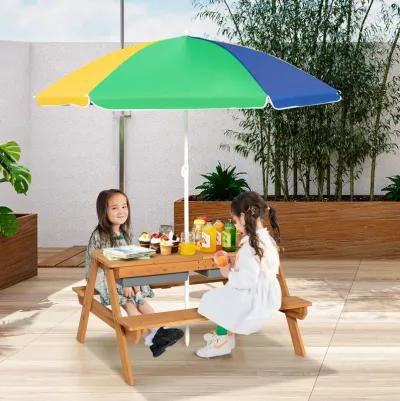 3-in-1 Kids Outdoor Picnic Water Sand Table with Umbrella Play Boxes