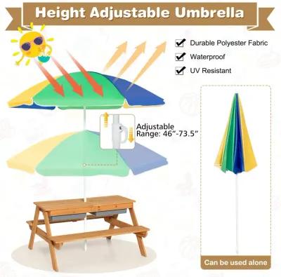 3-in-1 Kids Outdoor Picnic Water Sand Table with Umbrella Play Boxes