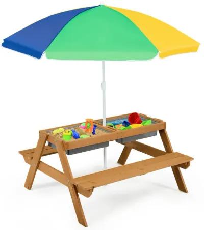 3-in-1 Kids Outdoor Picnic Water Sand Table with Umbrella Play Boxes