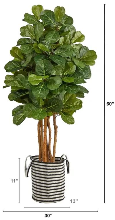 HomPlanti 5 Feet Fiddle Leaf Fig Artificial Tree in Handmade Black and White Natural Jute and Cotton Planter