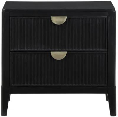 Jack Nightstand, 2 Drawers, Gold Metal Handles, Wire Brushed Black Wood - Benzara