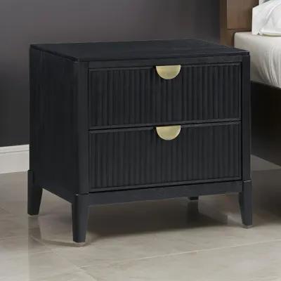 Jack Nightstand, 2 Drawers, Gold Metal Handles, Wire Brushed Black Wood - Benzara