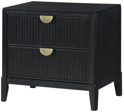 Jack Nightstand, 2 Drawers, Gold Metal Handles, Wire Brushed Black Wood - Benzara