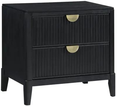 Jack Nightstand, 2 Drawers, Gold Metal Handles, Wire Brushed Black Wood - Benzara