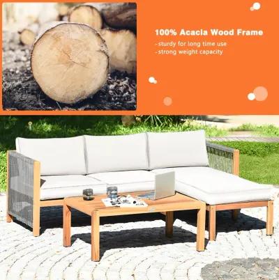 3 Pieces Patio Acacia Wood Sofa Conversation Sets with Nylon Rope Armrest