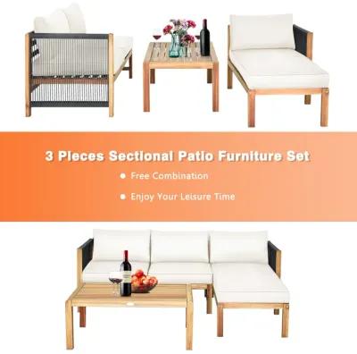 3 Pieces Patio Acacia Wood Sofa Conversation Sets with Nylon Rope Armrest