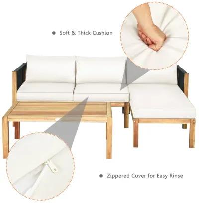 3 Pieces Patio Acacia Wood Sofa Conversation Sets with Nylon Rope Armrest