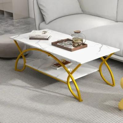 2-Tier Faux Marble Coffee Table with Marble Top and Metal Frame