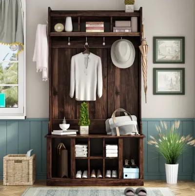 Hall Tree With 6 Hooks, Coat Hanger, Entryway Bench, Storage Bench, 3-In-1 Design, 39