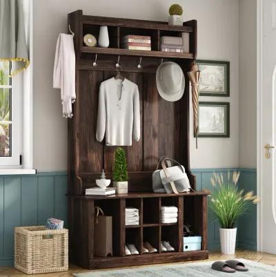 Hall Tree With 6 Hooks, Coat Hanger, Entryway Bench, Storage Bench, 3-In-1 Design, 39