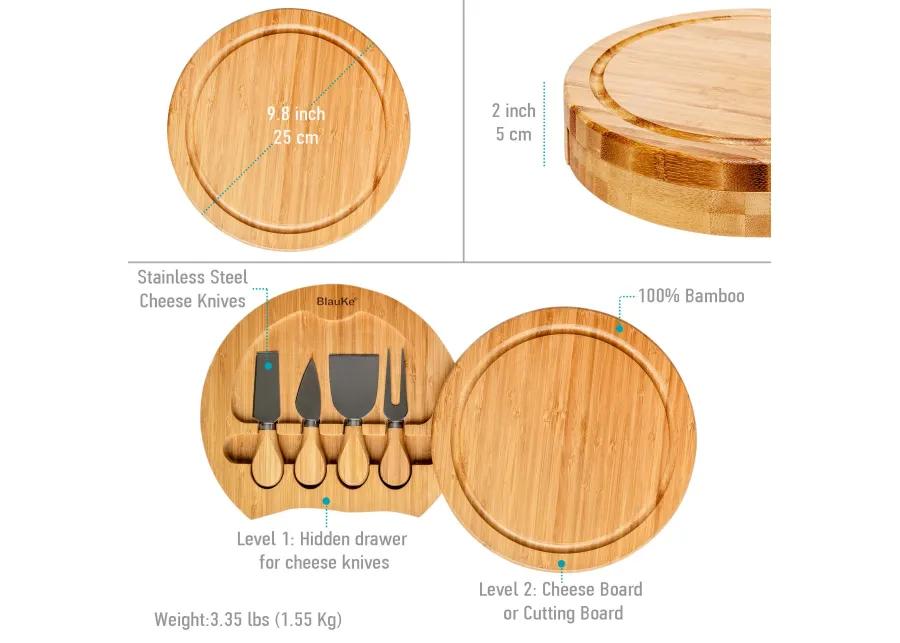 Bamboo Cheese Board and Knife Set - 10 Inch Swiveling Charcuterie Board with Slide-Out Drawer