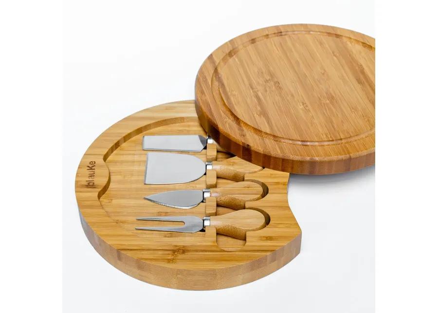 Bamboo Cheese Board and Knife Set - 10 Inch Swiveling Charcuterie Board with Slide-Out Drawer