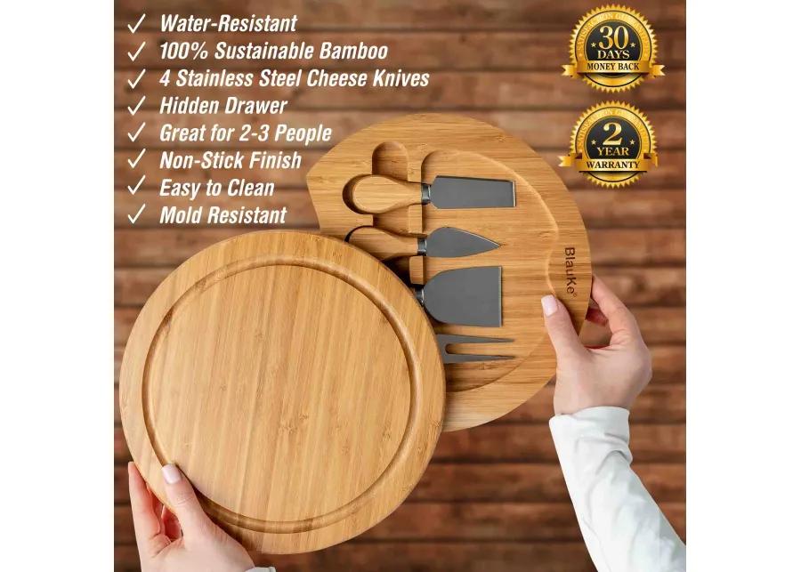 Bamboo Cheese Board and Knife Set - 10 Inch Swiveling Charcuterie Board with Slide-Out Drawer