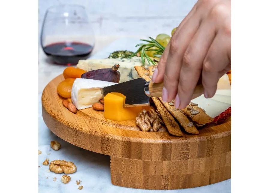 Bamboo Cheese Board and Knife Set - 10 Inch Swiveling Charcuterie Board with Slide-Out Drawer