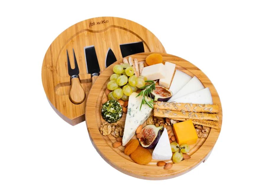 Bamboo Cheese Board and Knife Set - 10 Inch Swiveling Charcuterie Board with Slide-Out Drawer