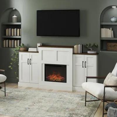 Hattie Mantel with Electric Fireplace Space Heater and Built-In Side Storage Cabinets, White and Brown Oak