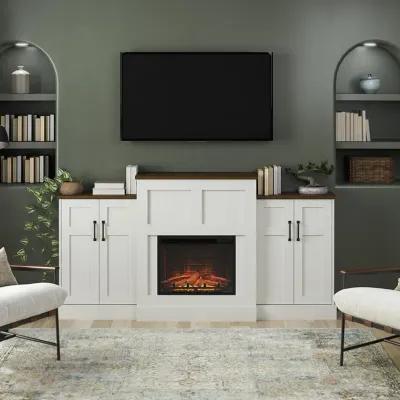 Hattie Mantel with Electric Fireplace Space Heater and Built-In Side Storage Cabinets, White and Brown Oak