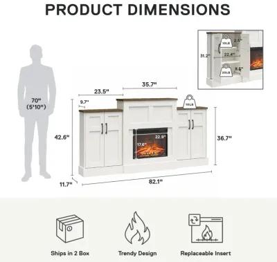 Hattie Mantel with Electric Fireplace Space Heater and Built-In Side Storage Cabinets, White and Brown Oak