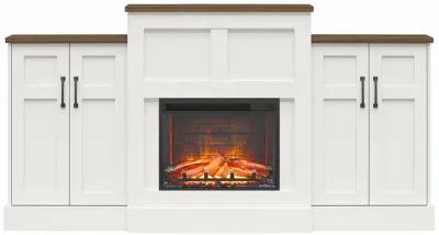 Hattie Mantel with Electric Fireplace Space Heater and Built-In Side Storage Cabinets, White and Brown Oak