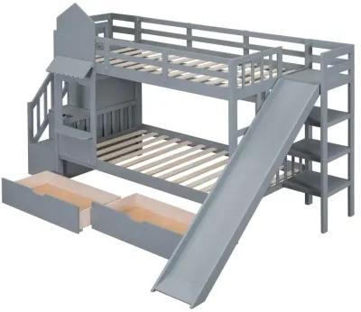 Twin Over Twin Castle Style Bunk Bed With 2 Drawers 3 Shelves And Slide Gray