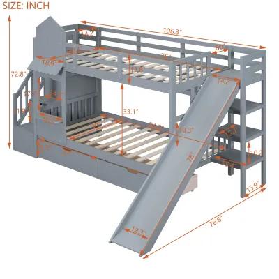 Twin Over Twin Castle Style Bunk Bed With 2 Drawers 3 Shelves And Slide Gray