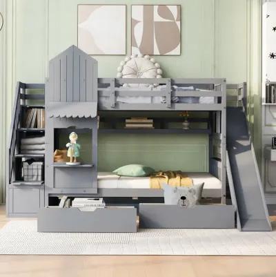 Twin Over Twin Castle Style Bunk Bed With 2 Drawers 3 Shelves And Slide Gray