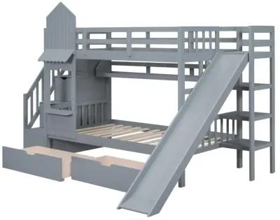 Twin Over Twin Castle Style Bunk Bed With 2 Drawers 3 Shelves And Slide Gray