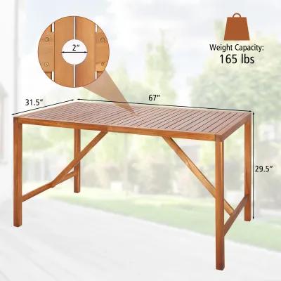 67 Inch Patio Rectangle Acacia Wood Dining Table with Umbrella Hole