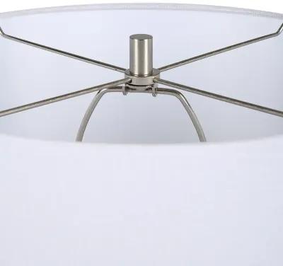 25 Inch Table Lamp, Rattan Woven, White Linen Shade, Brushed Silver Accents - Benzara