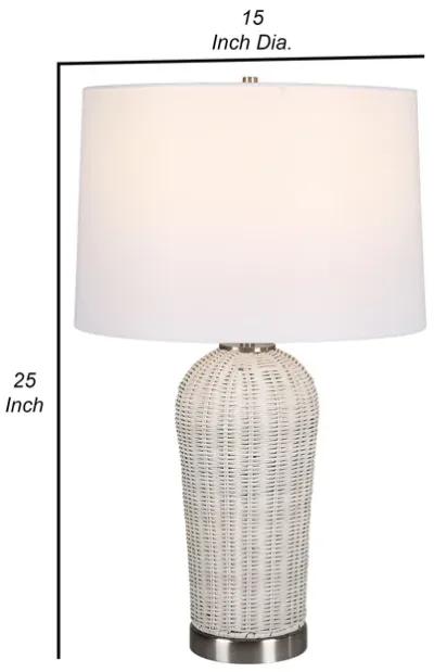 25 Inch Table Lamp, Rattan Woven, White Linen Shade, Brushed Silver Accents - Benzara