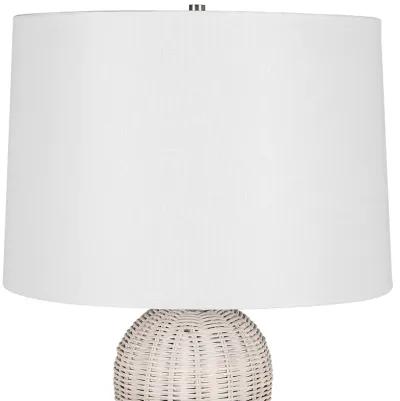 25 Inch Table Lamp, Rattan Woven, White Linen Shade, Brushed Silver Accents - Benzara