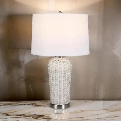 25 Inch Table Lamp, Rattan Woven, White Linen Shade, Brushed Silver Accents - Benzara